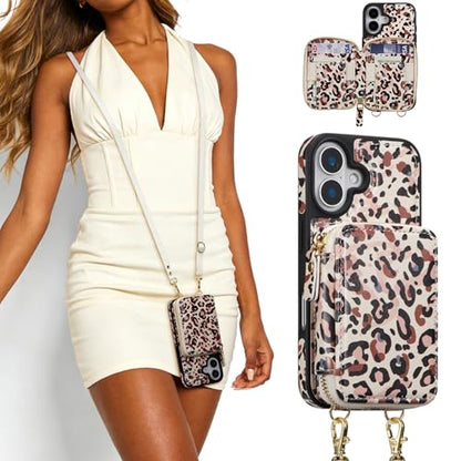 ZCDAYE Zipper Crossbody Wallet Case for iPhone 16, Leopard Print | Flip Folio PU Leather, Practical Card Holder, Adjustable Lanyard Strap, RFID Blocking, Retro Leopard Girly Phone Case - color: Leopard print, size: iPhone 16