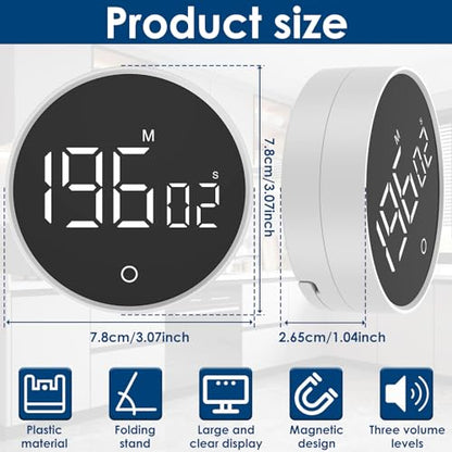 Digital Timer Magnetic Timer 200 Minute Countdown Count Up Battery Powered Magnetic Digital Upright Desk with Hidden Stand for Cooking Baking