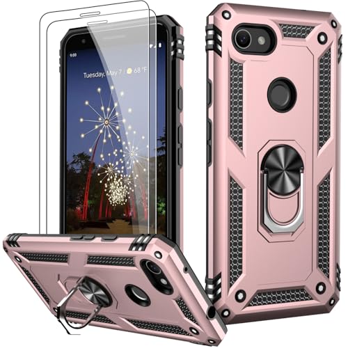 LUMARKE for Google Pixel 3A XL Case with Screen Protector,Pass 16ft. Drop Tested Military Grade Protective Phone Cover with Magnetic Ring Kickstand Compatible with Car Mount Holder Rose Gold - color: Rose Gold, size: Google Pixel 3A XL