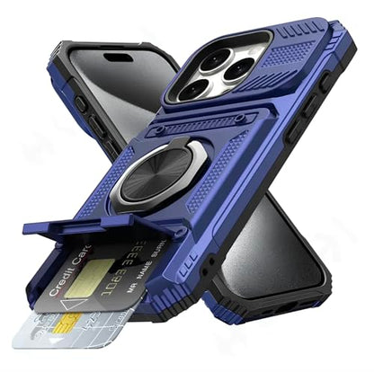 Military Grade Phone Case with Wallet & Magnetic Ring Kickstand, 2-Card Holder, Heavy Duty Drop Protection, Dual Layer TPU+PC Cover for iPhone 11/13/14/15/16/17 Pro Max (Blue, iPhone 15 Plus) - color: Blue