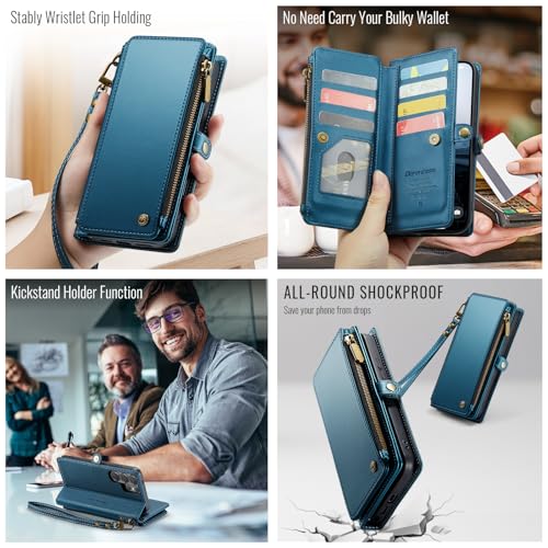 Defencase for Samsung Galaxy S26 Ultra Wallet Case with Card Holder, D-Blue | with RFID Blocking Zipper Pocket, Durable PU Leather, Wrist Strap, S26 Ultra Flip Phone Cases Cover with Stand for Women Men - color: Dark Blue