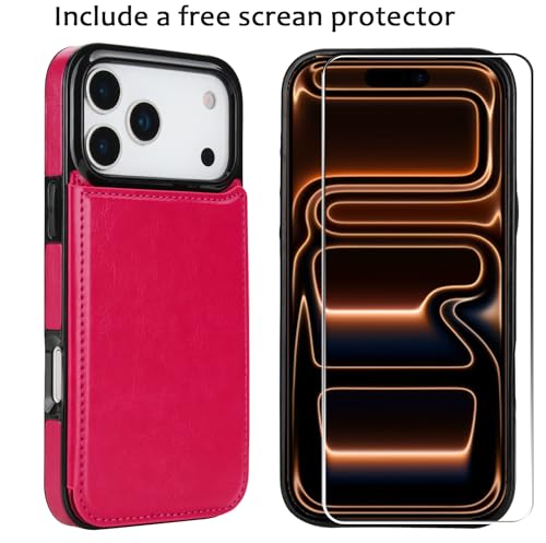 for iPhone 17 Pro Max Wallet Case with Screen Protector, Slim PU Leather Protective Case with Card Holder[RFID Blocking] Kickstand Cover 6.9“-Rose Red - color: Rose Red