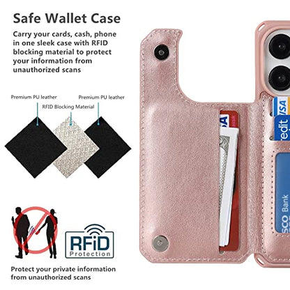 iCoverCase Compatible with iPhone 14 Pro Wallet Phone Case with Card Holder for Women, RFID Blocking Embossed PU Leather Wrist Strap Case 6.1 Inch (Macaron Rose Gold) - color: P-Rose Gold