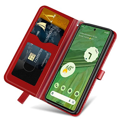 Wallet Case for Google Pixel 7 with Card Holder/Slot,PU Leather Folio Flip Shell [Kickstand][Magnetic Closure][Wrist Strap] Shockproof Cover Fit Google Pixel 7, Red - color: Red, size: Google Pixel 7