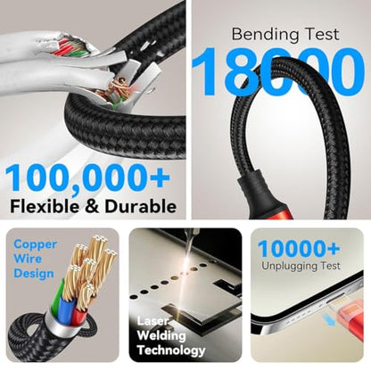 6 in 1 Multi Charging Cable, USBA/C Universal Charging Cords, 2 Pack 10Ft - color: Black A/C 10ft 2-Pack