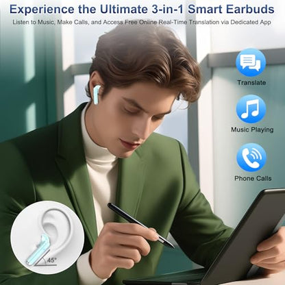 2026 AI Translation Earbuds Real Time, 165 Language Translator Earbuds 3-in-1 Bluetooth 5.4 with APP, Translation Headphones with 6 Translation Modes Translating Device for Travel/Business/Learn Blue - color: Blue