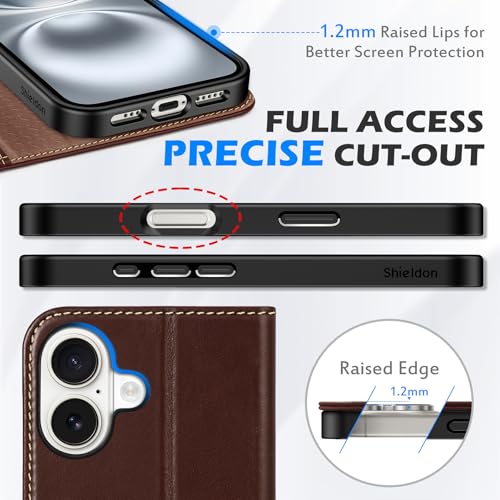 SHIELDON Genuine Leather Flip Wallet Case for iPhone 16 6.1", Retro Coffee | RFID Blocking, Credit Card Holder, Magnetic Closure, Kickstand, Folio Design, Soft Shock-Absorbent Phone Cover - color: Retro Coffee