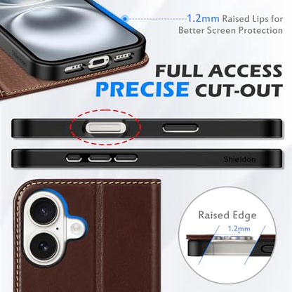 SHIELDON Genuine Leather Flip Wallet Case for iPhone 16 6.1", Retro Coffee | RFID Blocking, Credit Card Holder, Magnetic Closure, Kickstand, Folio Design, Soft Shock-Absorbent Phone Cover - color: Retro Coffee