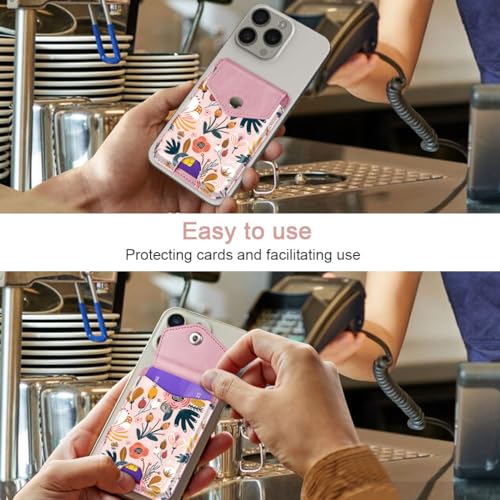 Self Adhesive Card Holders for Back of Phone, Premium Leather RFID Phone Wallet Pockets with Snap, Card Holders Sleeve for Phone Case, Pink Flower - color: Pink Flower