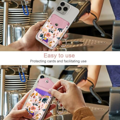 Self Adhesive Card Holders for Back of Phone, Premium Leather RFID Phone Wallet Pockets with Snap, Card Holders Sleeve for Phone Case, Pink Flower - color: Pink Flower