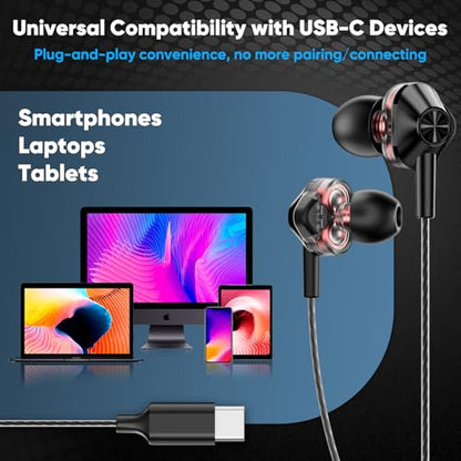 USB-C Wired In-Ear Earbuds with Mic, Dual Driver for Hi-Fi Stereo Sound