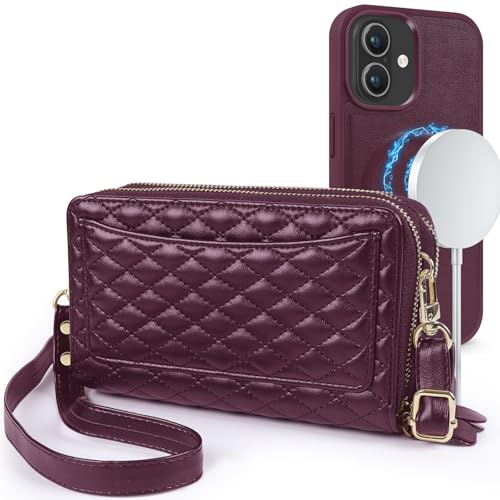 Harryshell Compatible with iPhone 16 Plus Case Wallet Multi Zipper Detachable Removable Cover with RFID Blocking Card Slot Holder Mirror Crossbody Strap (Compatible with Magsafe - Quilted Burgundy) - color: Compatible with Magsafe - Quilted Burgundy, size