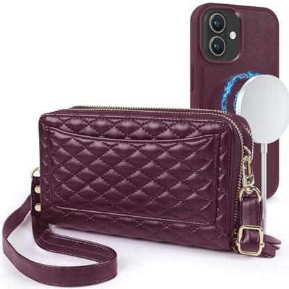 Harryshell Compatible with iPhone 16 Plus Case Wallet Multi Zipper Detachable Removable Cover with RFID Blocking Card Slot Holder Mirror Crossbody Strap (Compatible with Magsafe - Quilted Burgundy) - color: Compatible with Magsafe - Quilted Burgundy, size