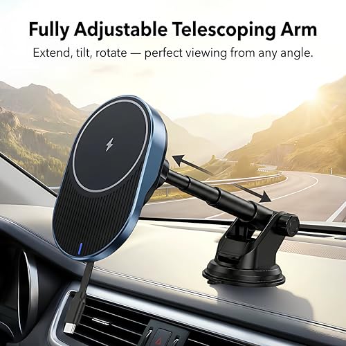 IJS Magnetic Wireless Car Charger with Built-in Retractable Cable – Extendable Windshield & Dashboard Phone Mount – 15W Magsafe Compatible – Fast Charging for iPhone 17/16/15/14/13/12, Samsung, Pixel