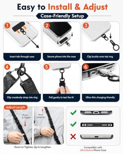 Chickwin Phone Lanyard Crossbody Strap, Heavy Duty Adjustable Cell Phone Lanyard with 360° Swivel Ring Clip & 2 Tether Tabs, Anti-Drop Hands-Free Phone Strap for Travel Hiking