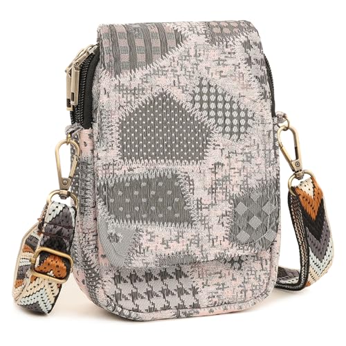 SILKAREA Embroidered Cute Mini Crossbody Bag for Women Small Handbags Wristlet Wallet Bag Cell-phone Pouch Coin Purse - color: Spliced Pink