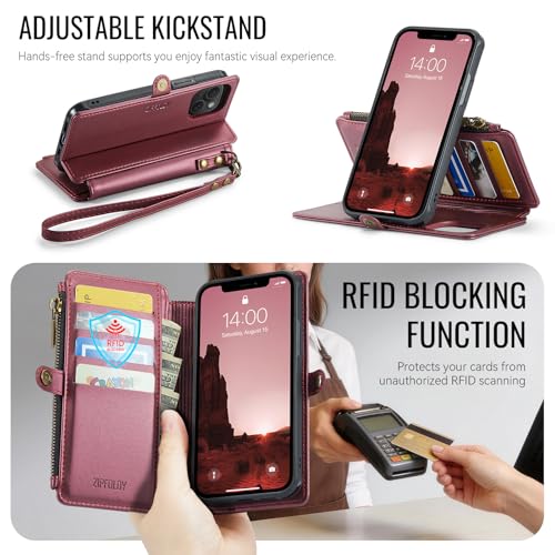 for iPhone 14 - Phone Case Wallet Magnetic Detachable, Burgundy - color: Burgundy, size: iPhone 14