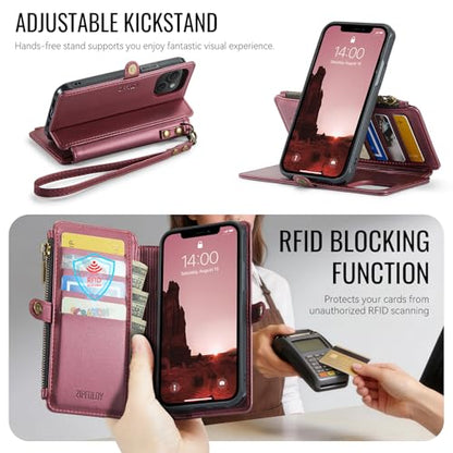for iPhone 14 - Phone Case Wallet Magnetic Detachable, Burgundy - color: Burgundy, size: iPhone 14