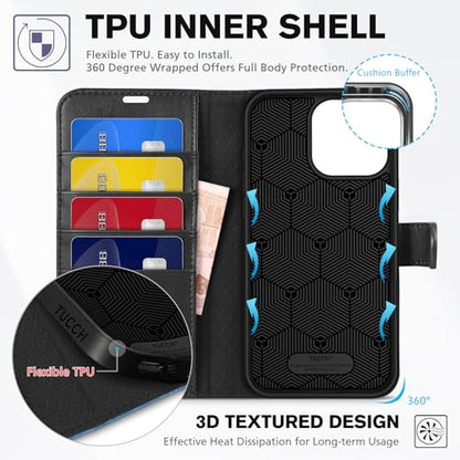 TUCCH Wallet Case for iPhone 16 Pro Max, 4 Card Holders, Black & Light Blue | RFID Blocking, Viewing Stand, Shockproof TPU Shell, PU Leather, Magnetic Closure, Protective Folio Flip Cover - color: Two-tone Black & Light Blue