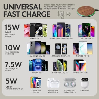 15W Wooden Wireless Charger | Stylish Design Qi Wireless Charger Station | USB Type C Cable | Compatible for iPhone 15 14 13 Pro MAX X Plus, Samsung Galaxy Ultra, Airpods