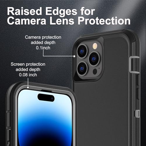YKHJKLEC for iPhone 14 Pro Case, Military Grade 3 in 1 Heavy Duty Shockproof/Drop Proof/Dust Proof Case with 2Pcs Tempered Glass Screen Protector (Black/Grey) - color: Black/Grey
