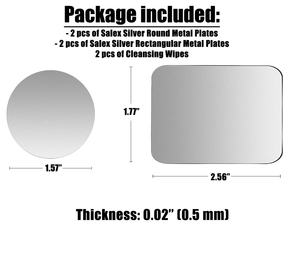 SALEX Replacement Metal Plates Set 4 Pack for Magnetic Car Phone Holders, Wall, Air Vent Mounts, Cases, Magnets. Kit of 2 Silver Round and 2 Rectangular Iron Discs Without Holes. 3M Adhesive Backing. - color: Mix 4 pack