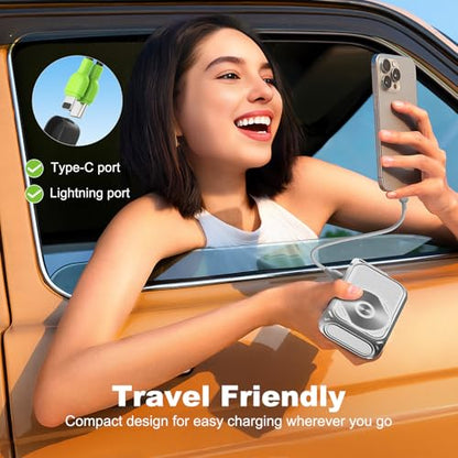 P05 Portable Charger, Magnetic Power Bank, Small Wireless PowerBank, Battery Pack10000mAh Travel Essentials Fast Charging with Built in Cable, Foldable Wall Plug for iPhone,Andriod（Metal Material） - color: Silver