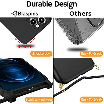 Crossbody Lanyard Strap Case for iPhone 14 Pro Max, Neck Cross Body, Adjustable Holder Removable, Drop Protection Shockproof, Hands-Free Silicone Case 6.7 inch, 150 cm Strap, iP14PM - Black - color: Black
