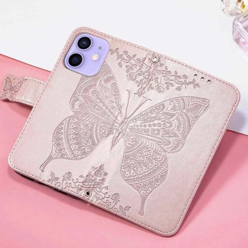 for iPhone 12 Pro/iPhone 12 Wallet Case,Women Flip Folio Cover with Butterfly Embossed PU Leather Kickstand Credit Card Holder Slots Wrist Strap for iPhone 12/12 Pro 6.1 inch (Rose Gold) - color: Rose Gold