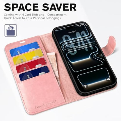 TUCCH Wallet Case for iPhone 17 Pro (6.3") 2025, 4 Card Holders, Rose Gold | RFID Blocking, Viewing Stand, Shockproof TPU Shell, PU Leather, Magnetic Closure, Protective Folio Flip Cover - color: Rose Gold