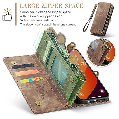 Compatible with iPhone 15 Pro Wallet Case with Magsafe,Coffee | Magnetic Detachable Case,Card Holder,Zipper Pocket,Strap Wristlet, Soft Leather Drop-Proof Phone Case for iPhone 15 Pro 6.1“ - color: Coffee, size: iPhone 15 Pro 6.1"