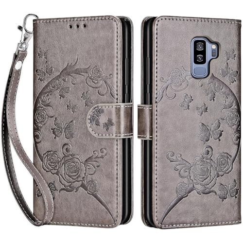 for Samsung Galaxy S9 Plus Wallet case, Gray Flower | 3 Card Holders, Kickstand, Shockproof TPU Shell, PU Leather, Magnetic Closure, Protective Flip Folio Cover, Women - color: 9