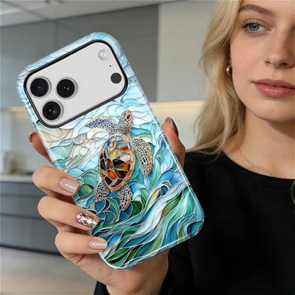 Case Compatible with iPhone 17 Pro, Cute Dual Layer Hybrid Phone Cover, Military Grade Drop Protection, Aesthetic Shockproof Phone Case for Women Girls, Stained Glass Sea Turtle - color: Stained Glass Sea Turtle, size: Iphone 17 Pro