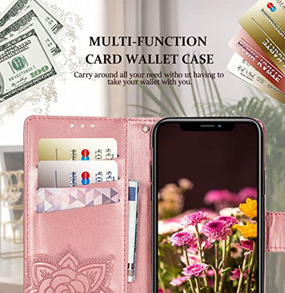 for iPhone 12 Pro/iPhone 12 Wallet Case,Women Flip Folio Cover with Butterfly Embossed PU Leather Kickstand Credit Card Holder Slots Wrist Strap for iPhone 12/12 Pro 6.1 inch (Rose Gold) - color: Rose Gold