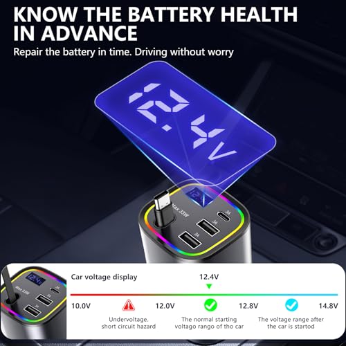 Retractable Car Charger USB C 78W & 85.5W 4 in 1 Fast Car Charger - color: Dark gray