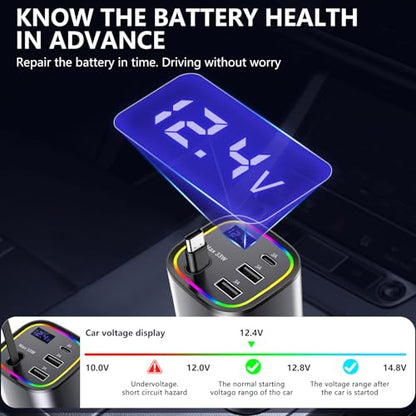 Retractable Car Charger USB C 78W & 85.5W 4 in 1 Fast Car Charger - color: Dark gray