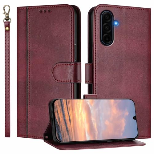 for Galaxy A17 5G Phone Case Wallet and Wrist Strap (Red) | Card Holder Slots, PU Leather, Flip Cover, Magnetic Closure, Kickstand, Folio Protective, for Samsung A17 Case - color: Wine Red