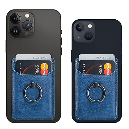 Card Holder Sleeve with Ring, RFID Credit Wallet Synthetic Leather Stick On Back Grip for iPhone Samsung Smartphone - Blue - color: Cow Blue