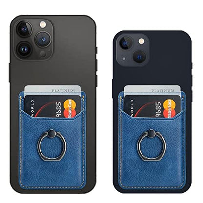 Card Holder Sleeve with Ring, RFID Credit Wallet Synthetic Leather Stick On Back Grip for iPhone Samsung Smartphone - Blue - color: Cow Blue