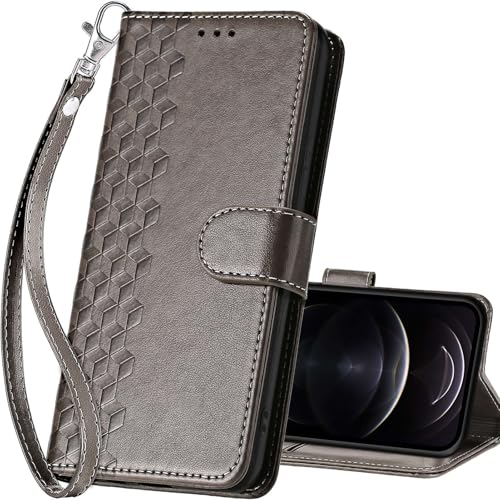 for iPhone 13 Pro Wallet case, Gray-Cube | 3 Card Holders, Kickstand, Shockproof TPU Shell, PU Leather, Magnetic Closure, Protective Flip Folio Cover, Women - color: 10