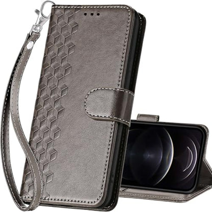 for iPhone 13 Pro Wallet case, Gray-Cube | 3 Card Holders, Kickstand, Shockproof TPU Shell, PU Leather, Magnetic Closure, Protective Flip Folio Cover, Women - color: 10