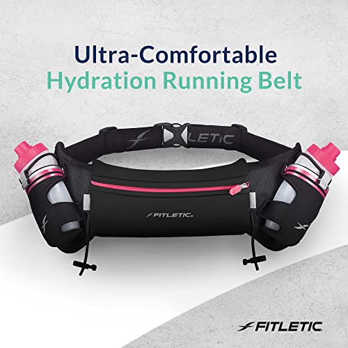 Fitletic Hydration Running Belt with Water Bottles for Men & Women – 2 Quick Flow 8oz Running Water Bottles, Patented Bounce Free Design, Water Resistant Pouch Fits All Phones – Hydra 16 - size: S/M (24"-34"), style: Black & Pink