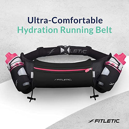Fitletic Hydration Running Belt with Water Bottles for Men & Women – 2 Quick Flow 8oz Running Water Bottles, Patented Bounce Free Design, Water Resistant Pouch Fits All Phones – Hydra 16 - size: L/XL (35"-42"), style: Black & Pink