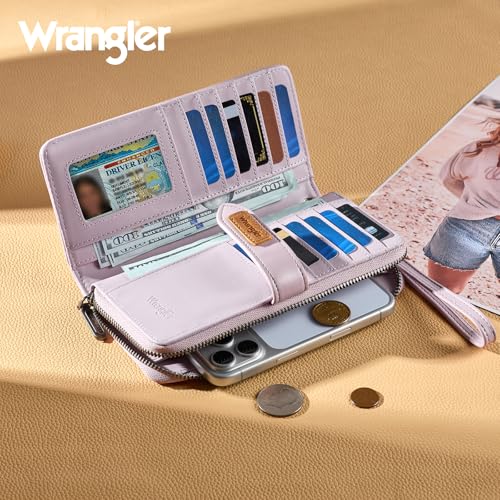 X Wrangler Women's Wallets Bifold Wristlet Wallets for Women Large Capacity Credit Card Wallet with ID Window - color: Floral-purple