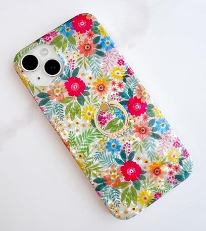 Qokey for iPhone 13/14 Case 6.1 inch,Flower Design Cute Clear for Women Girls with 360 Degree Rotating Ring Kickstand Soft TPU Shockproof Cover Blue Pink Floral - color: Blue Pink