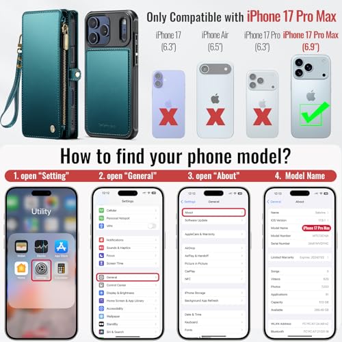 Defencase for iPhone 17 Pro Max Case Wallet Compatible with Magsafe, Green | Drop-Proof Magnetic Detachable Phone Cases Cover, with RFID Bolcking Card Holder, Zipper Strap, PU Leather, Removable Wallet - color: (Detachable with Magsafe)-Blue Green