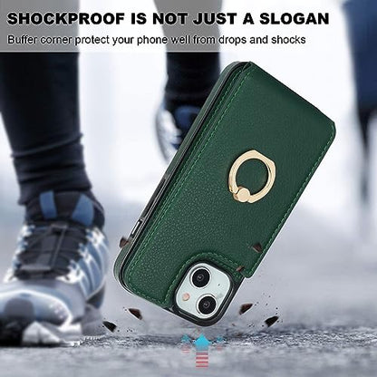 Folosu Compatible with iPhone 14 Case Wallet with Card Holder, 360°Rotation Finger Ring Holder Kickstand, RFID Blocking Leather Protective Double Buttons Shockproof Cover 6.1 Inch Dark Green - color: Dark Green, size: iPhone 14
