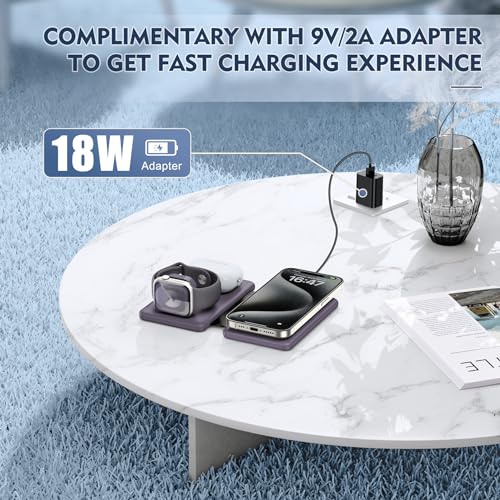 Wireless Charger iPhone - 3 in 1 Charging Station for Apple Devices for iPhone 17 16 15 14 13 12 Pro Max Plus - Foldable Magnetic Charging Pad for Apple Watch Series & Airpods Series - color: Purple