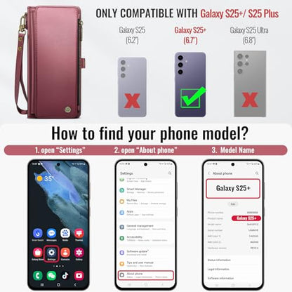 Defencase for Samsung Galaxy S25+/Plus Wallet Case with Card Holder, W-Red | with RFID Blocking Zipper Pocket, Durable PU Leather, Wrist Strap, S25 Plus Flip Phone Cases Cover with Stand for Women Men - color: Wine Red