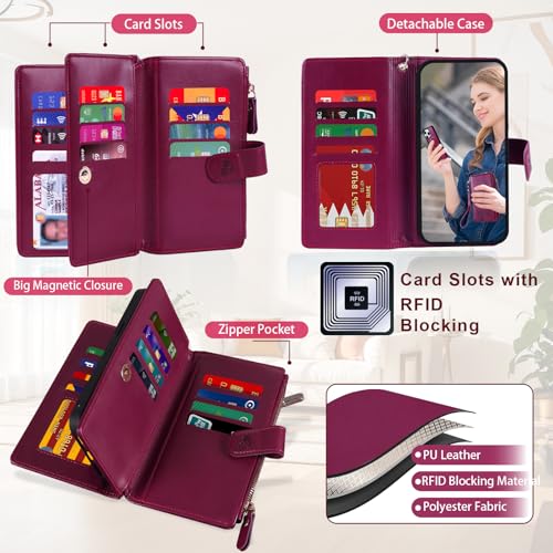 for iPhone 16e/17e Case Wallet,Compatible with MagSafe Magnetic 2 in 1 Magnetic Detachable PU Leather RFID Blocking Wallet Cover Card Holder Zipper Wrist Strap Lanyard,Floral Wine Red - color: Wine Red